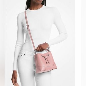 New Michael Kors Mercer Small Pebbled Leather Bucket Bag Powder Blush